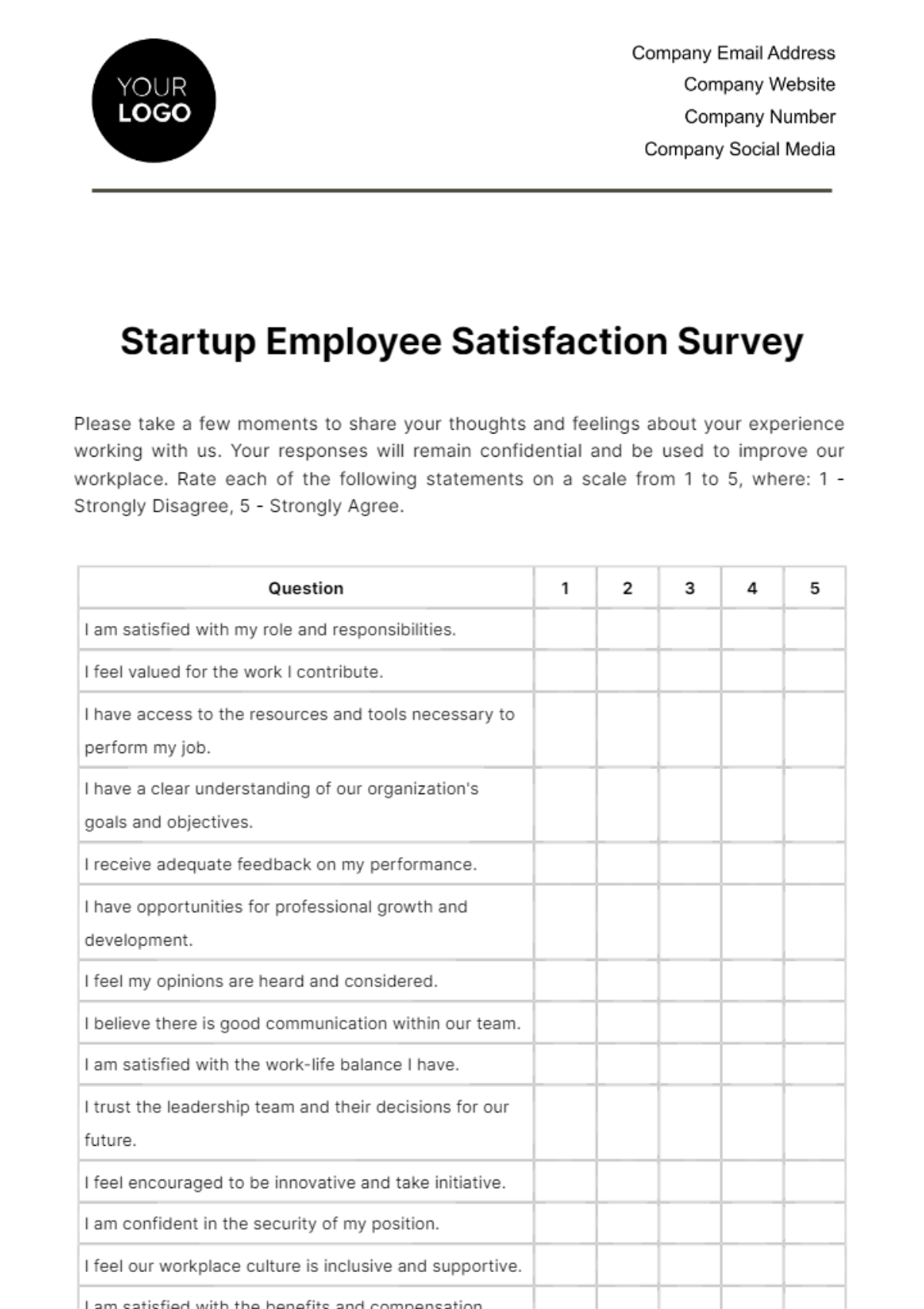 Free Startup Employee Satisfaction Survey Template To Edit Online