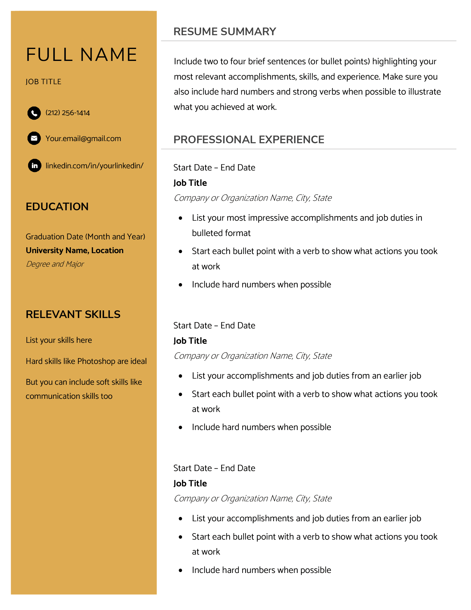 Printable Fillable Blank Resume Template