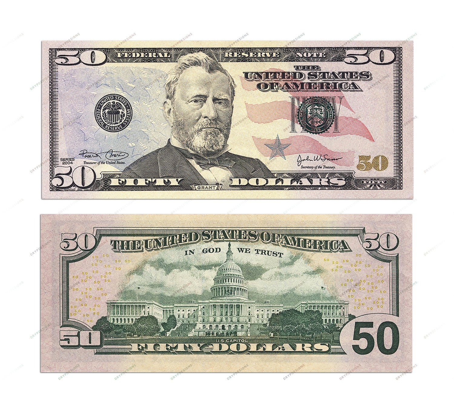 US 50 Dollar Bill Money PNG Graphic Banknote Front Back 